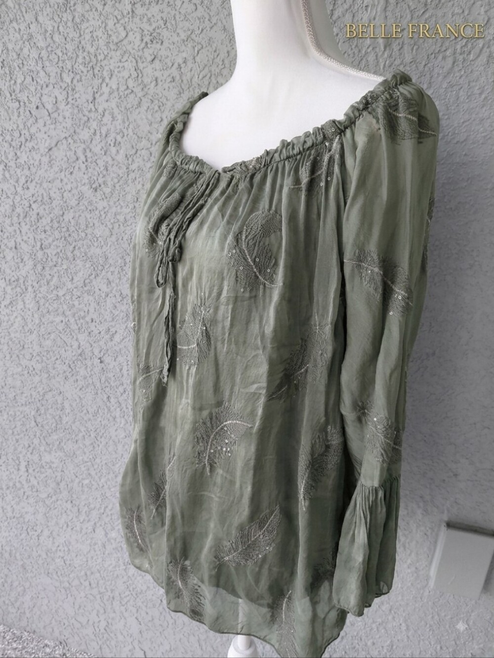 Belle France Silk Blend Embroidered Sequined Boho Blouse Sage Green Small Italy